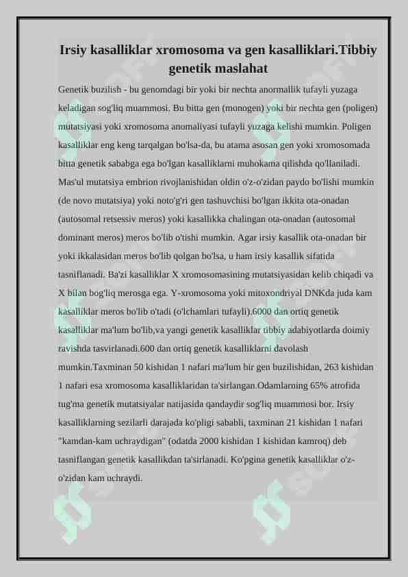 Irsiy kasalliklar xromosoma va gen kasalliklari.Tibbiy genetik maslahat