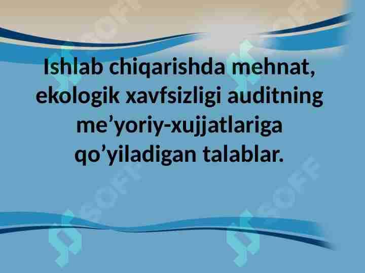 Ishlab chiqarishda mehnat, ekologik xavfsizligi auditning me’yoriy-xujjatlariga qo’yiladigan talablar.