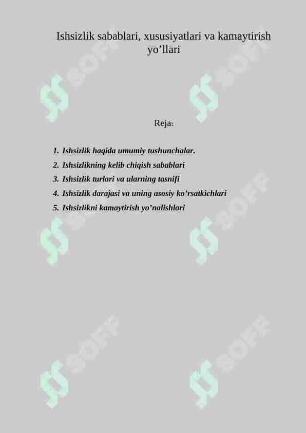 Ishsizlik sаbаblаri, хususiyatlаri vа kаmаytirish yo’llаri