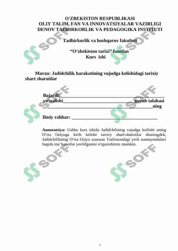 Jadidchilik harakatining vujudga kelishidagi tarixiy shart sharoitlar