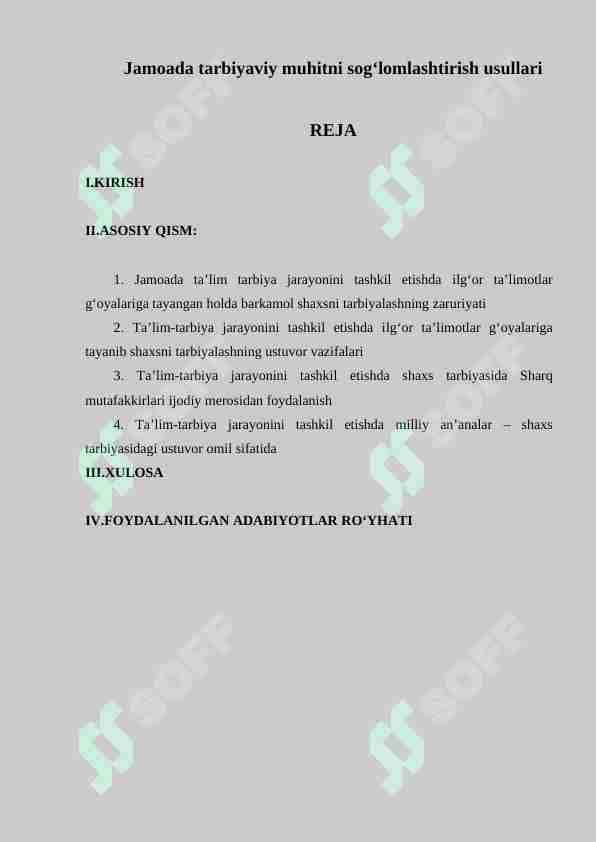 Jamoada tarbiyaviy muhitni sog‘lomlashtirish usullari