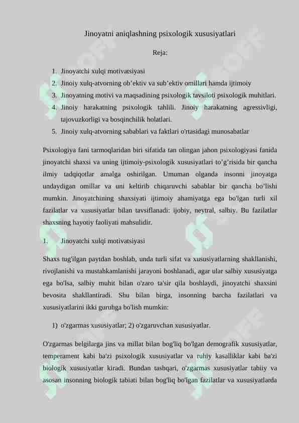 JINOYATNI ANIQLASHNING PSIXOLOGIK XUSUSIYATLARI