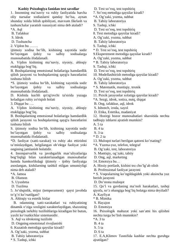 Kasbiy psixologiya test javoblari bilan