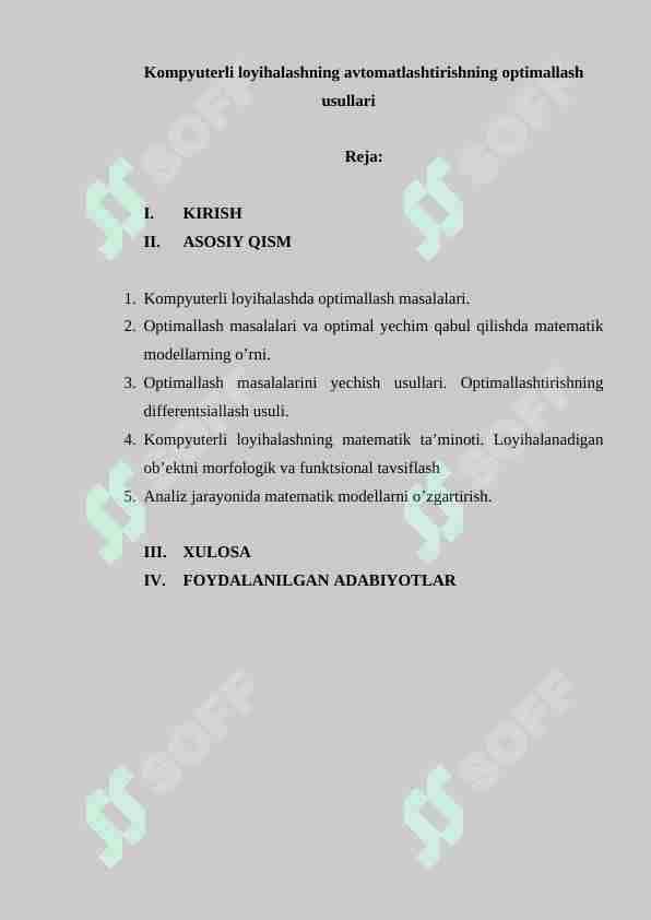 Kompyuterli loyihalashning avtomatlashtirishning optimallash usullari