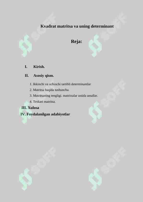 Kvadrat matritsa va uning determinant