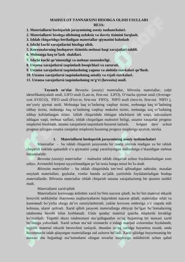 MAHSULOT TANNARXINI HISOBGA OLISH USULLARI