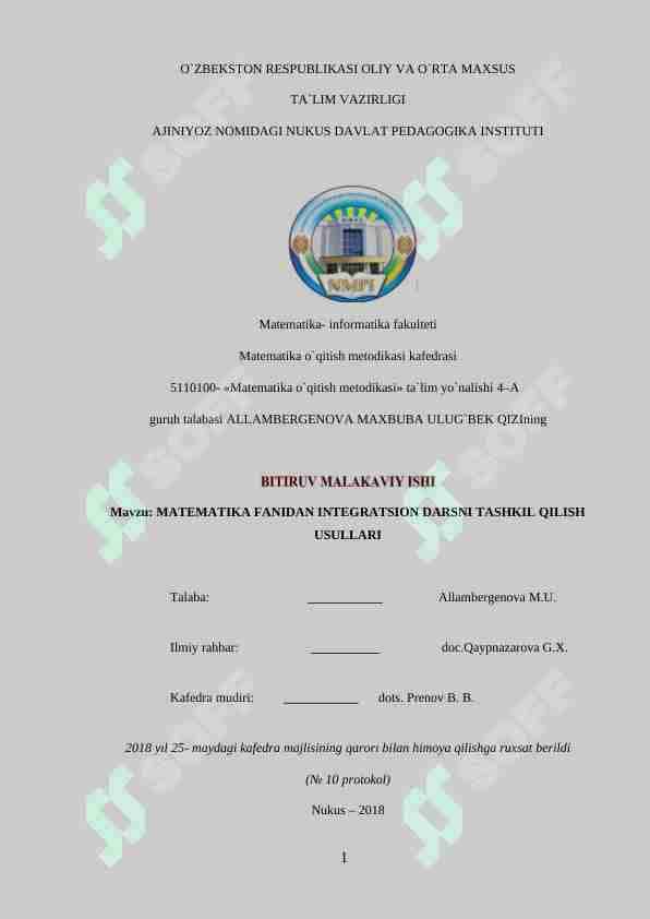 MATEMATIKA FANIDAN INTEGRATSION DARSNI TASHKIL QILISH USULLARI