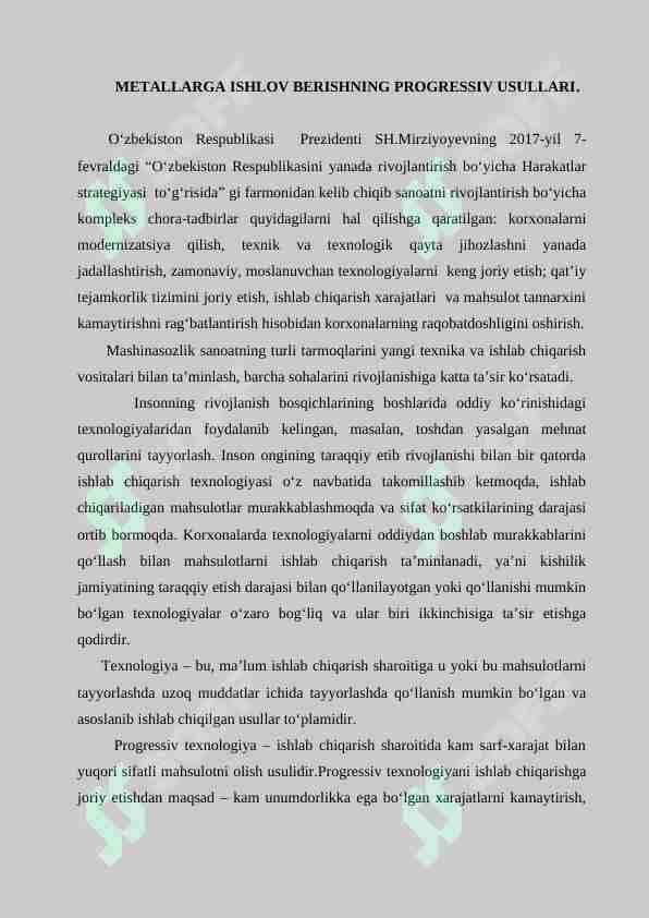 METALLARGA ISHLOV BERISHNING PROGRESSIV USULLARI