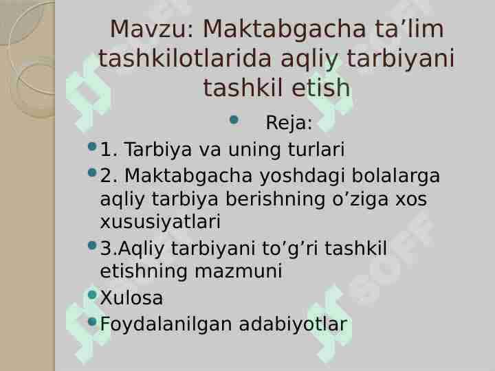 Maktabgacha ta’lim tashkilotlarida aqliy tarbiyani tashkil etish