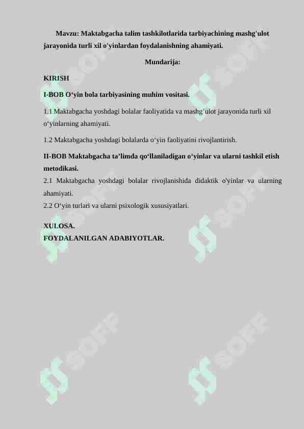 Maktabgacha ta'lim tashkilotlarida tarbiyachining mashg'ulot jarayonida turli xil o'yinlardan foydalanishning ahamiyati