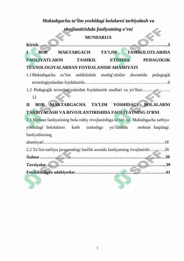 Maktabgacha ta’lim yoshidagi bolalarni tarbiyalash va rivojlantirishda faoliyatning o’rni