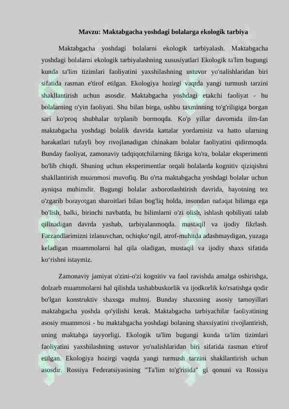Maktabgacha yoshdagi bolalarga ekologik tarbiya