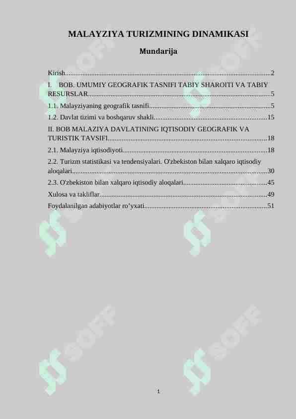 Malayziya turizmining dinamikasi
