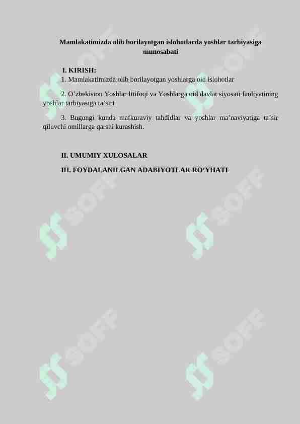 Mamlakatimizda olib borilayotgan islohotlarda yoshlar tarbiyasiga munosabati
