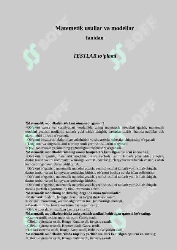 Matemetik usullar va modellar fanidan TESTLAR to'plami