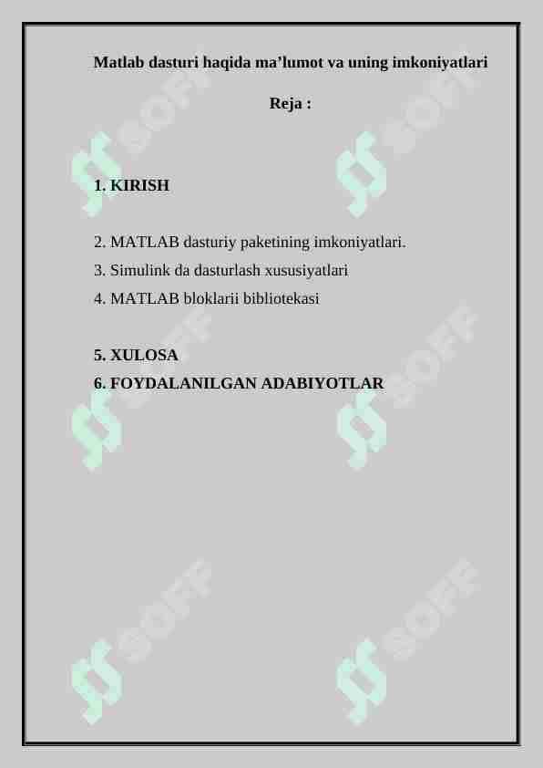 Matlab dasturi haqida ma’lumot va uning imkoniyatlari