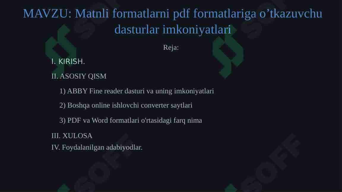Matnli formatlarni pdf formatlariga o’tkazuvchu dasturlar imkoniyatlari