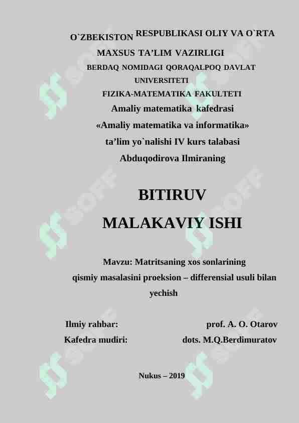 Matritsaning xos sonlarining qismiy masalasini proeksion – differensial usuli bilan yechish
