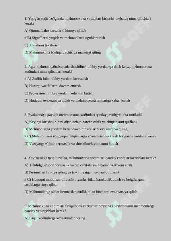 Mehmonxona xo'jaligi xavfsizligi testlar.