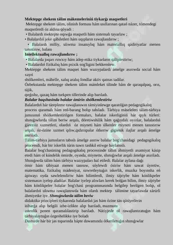 Mektepge shekem tálim mákemeleriniń tiykarǵı maqsetleri