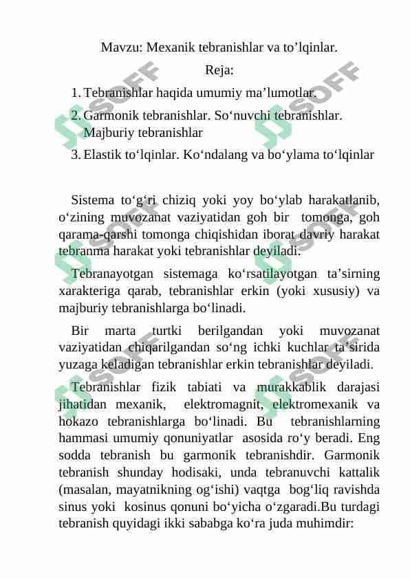 Mexanik tebranishlar va to’lqinlar