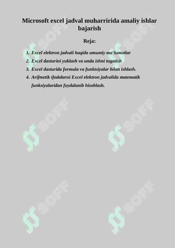 Microsoft excel jadval muharririda amaliy ishlar bajarish