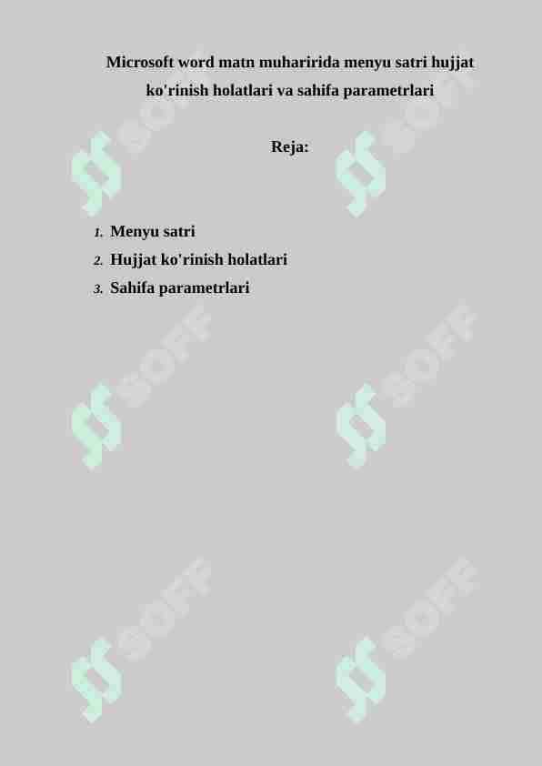 Microsoft word matn muharirida menyu satri hujjat ko'rinish holatlari va sahifa parametrlari