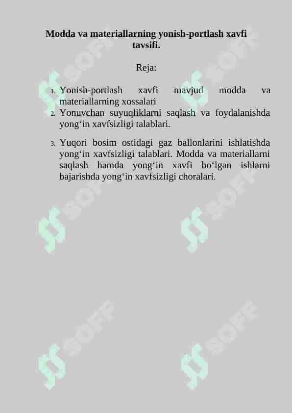 Modda va materiallarning yonish-portlash xavfi tavsifi.