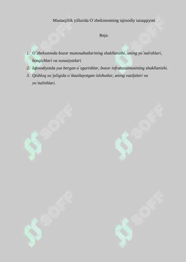 Mustaqillik yillarida O`zbekistonning iqtisodiy taraqqiyoti