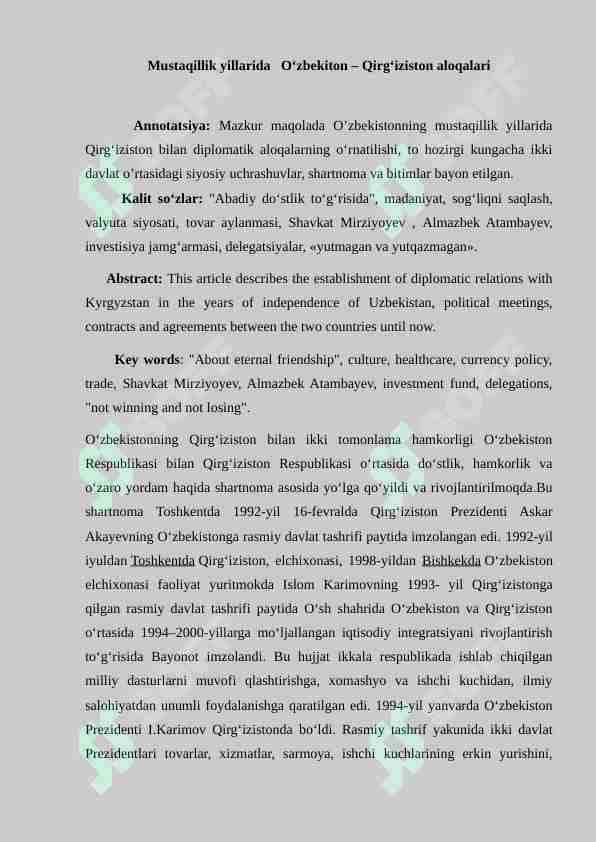 Mustaqillik yillarida O‘zbekiton – Qirg‘iziston aloqalari