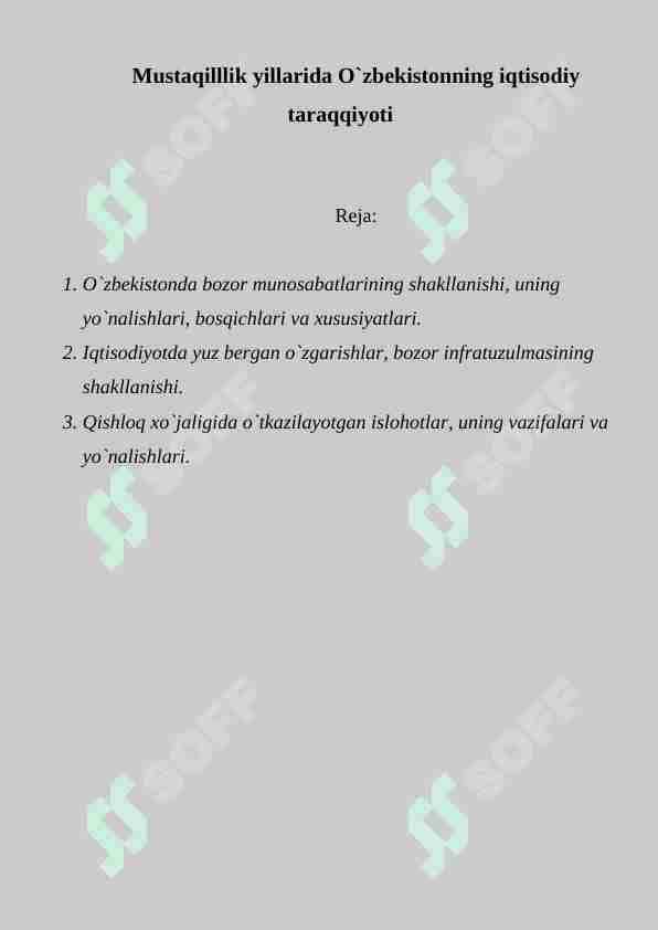 Mustaqilllik yillarida O`zbekistonning iqtisodiy taraqqiyoti