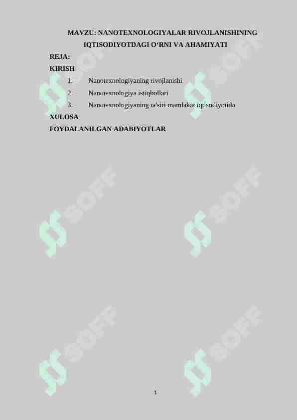 Nanotexnologiyalar rivojlanishining iqtisodiyotdagi o‘rni va ahamiyati