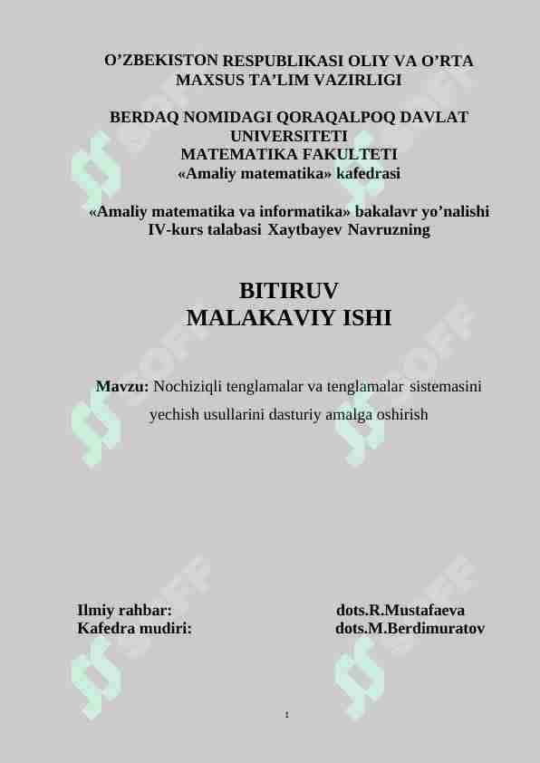 Nochiziqli tenglamalar va tenglamalar sistemasini yechish usullarini dasturiy amalga oshirish