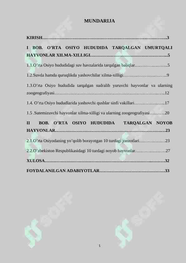 Oʻrta Osiyo suv havzalari va togʻ hududlarida yashovchi umurtqali hayvonla