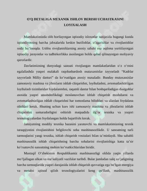 O'Q DETALIGA MEXANIK ISHLOV BERISH UCHASTKASINI LOYIXALASH