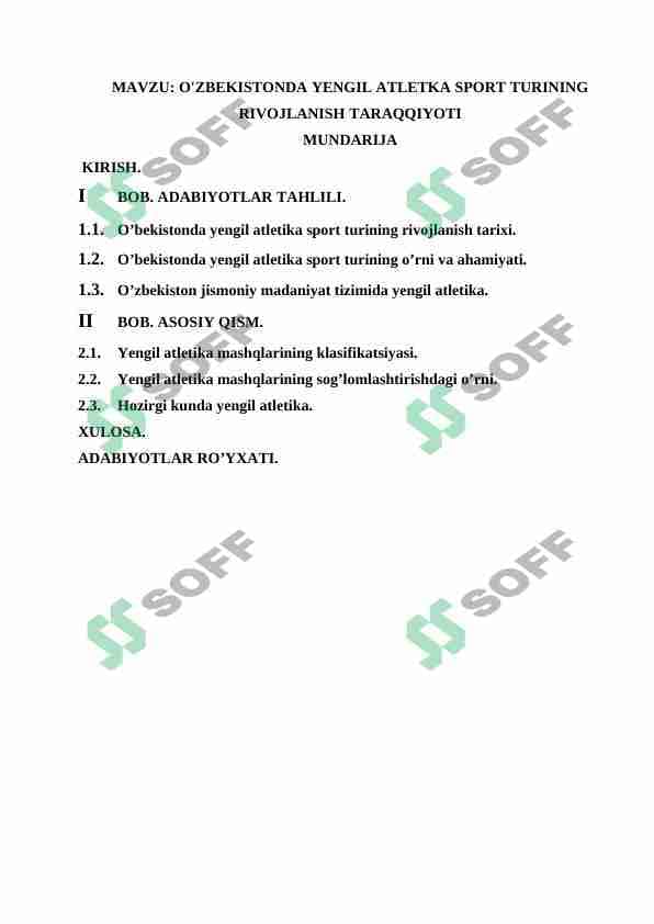 O'ZBEKISTONDA YENGIL ATLETKA SPORT TURINING RIVOJLANISH TARAQQIYOTI