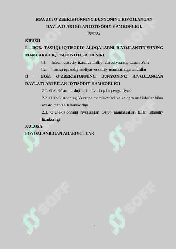 O‘ZBEKISTONNING DUNYONING RIVOJLANGAN DAVLATLARI BILAN IQTISODIY HAMKORLIGI