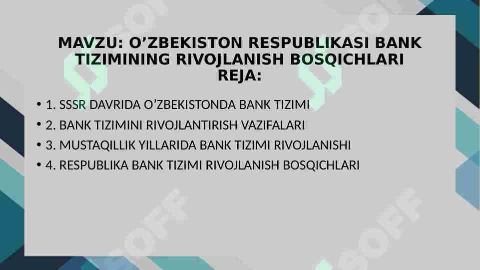 O’ZBEKISTON RESPUBLIKASI BANK TIZIMINING RIVOJLANISH BOSQICHLARI