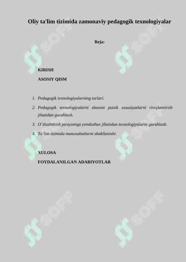 Oliy ta'lim tizimida zamonaviy pedagogik texnologiyalar