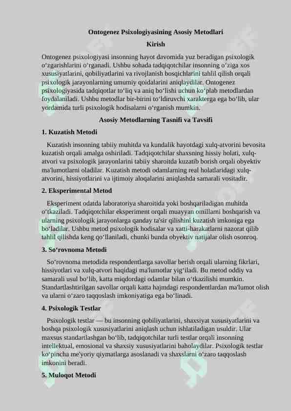 Ontogenez Psixologiyasining Asosiy Metodlari