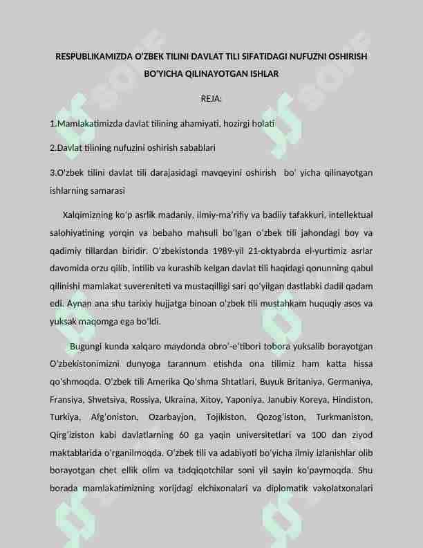 O'zbek tilini davlat tili sifatidagi nufuzini oshirish bo'yicha qilinayotgan ishlar|Referat