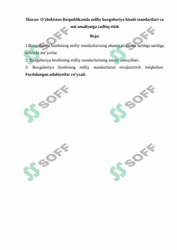 O'zbekiston Respublikasida milliy buxgalteriya hisobi standartlari va uni amaliyotga tadbiq etish