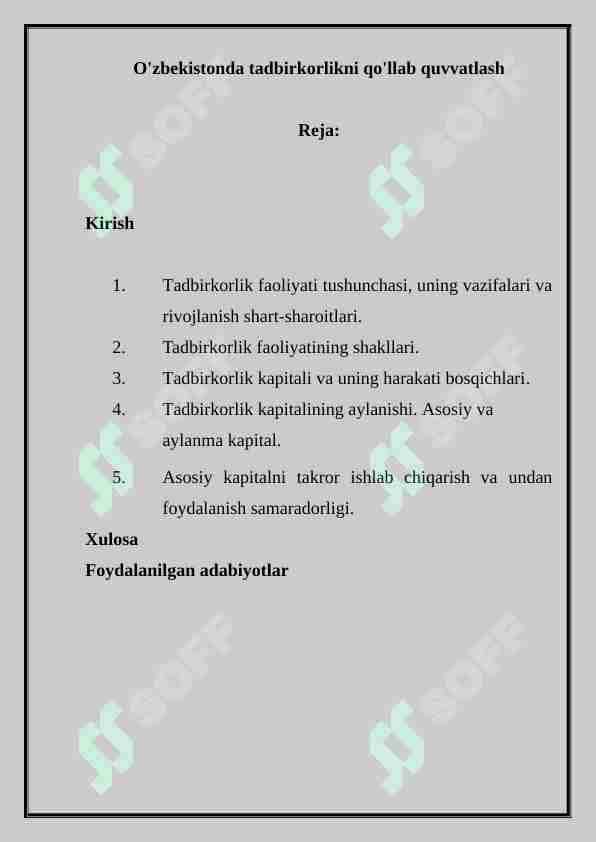 O'zbekistonda tadbirkorlikni qo'llab quvvatlash