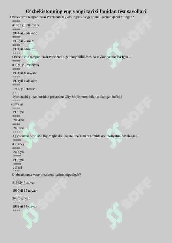 O'zbekistonning eng yangi tarixi fanidan 250 talik test, javoblari bilan