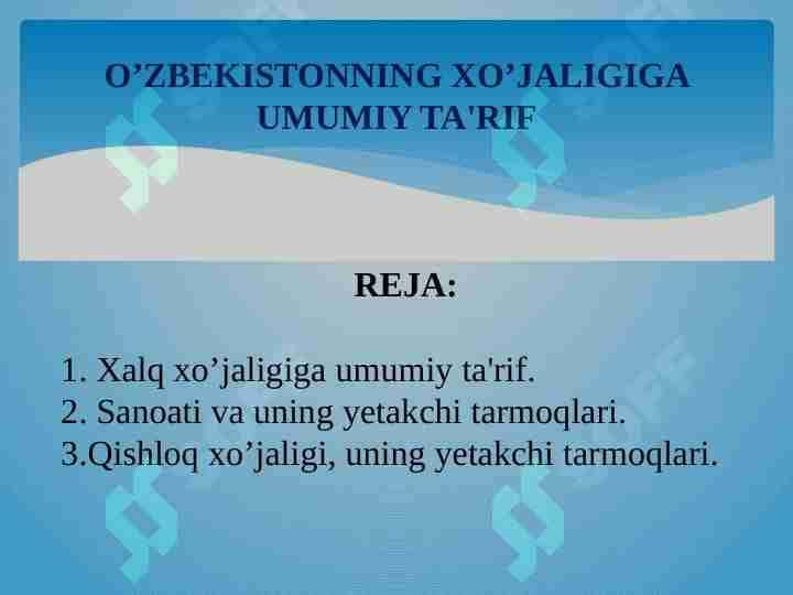 O’ZBEKISTONNING XO’JALIGIGA UMUMIY TA'RIF