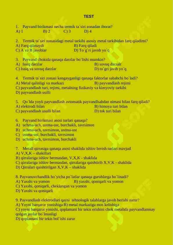 Payvandlash test 200 talik javobi bilan