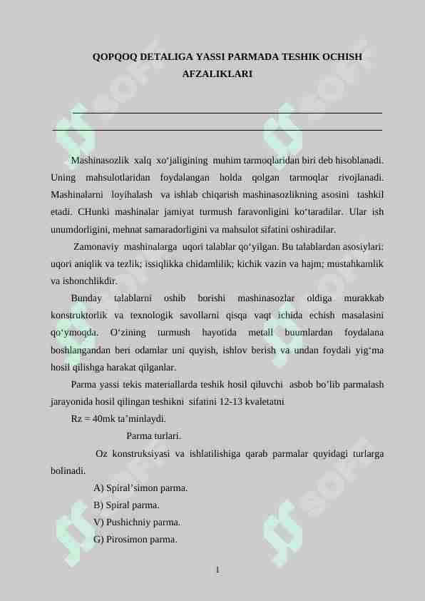 QOPQOQ DETALIGA YASSI PARMADA TESHIK OCHISH AFZALIKLARI