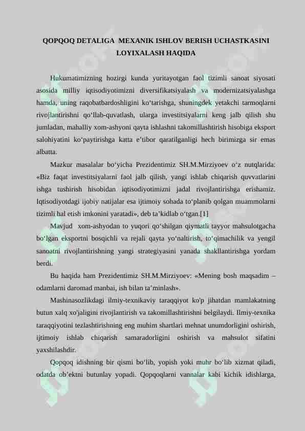 QOPQOQ DETALIGA MEXANIK ISHLOV BERISH UCHASTKASINI LOYIXALASH HAQIDA