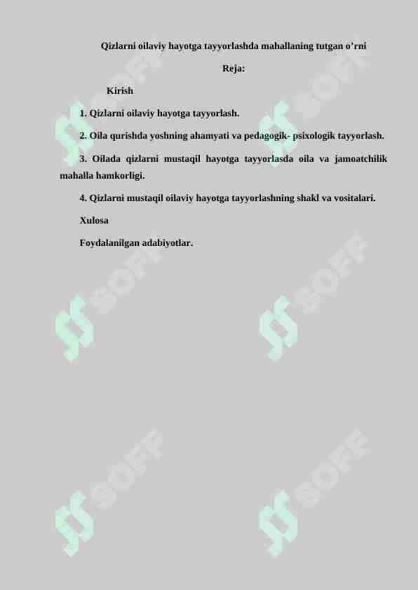 Qizlarni oilaviy hayotga tayyorlashda mahallaning tutgan o’rni