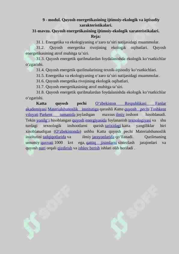 Quyosh energetikasining ijtimoiy-ekologik xarateristikalari.
